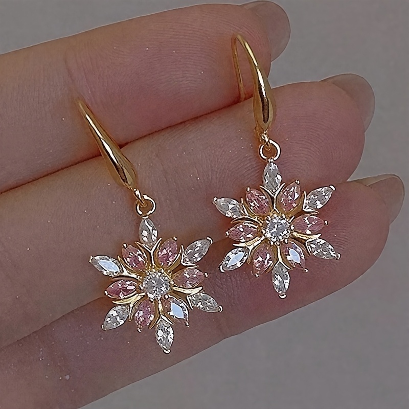 Women's Exquisite Pink Zirconia Snowflake Hook Earrings, Party